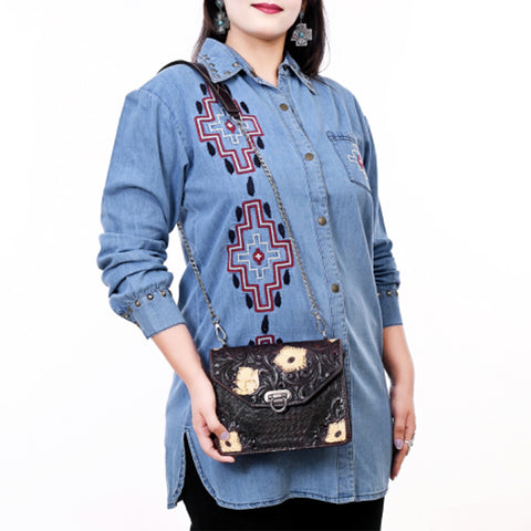 American Darling Hand Tooled Floral Carved Genuine Leather Messenger Bag