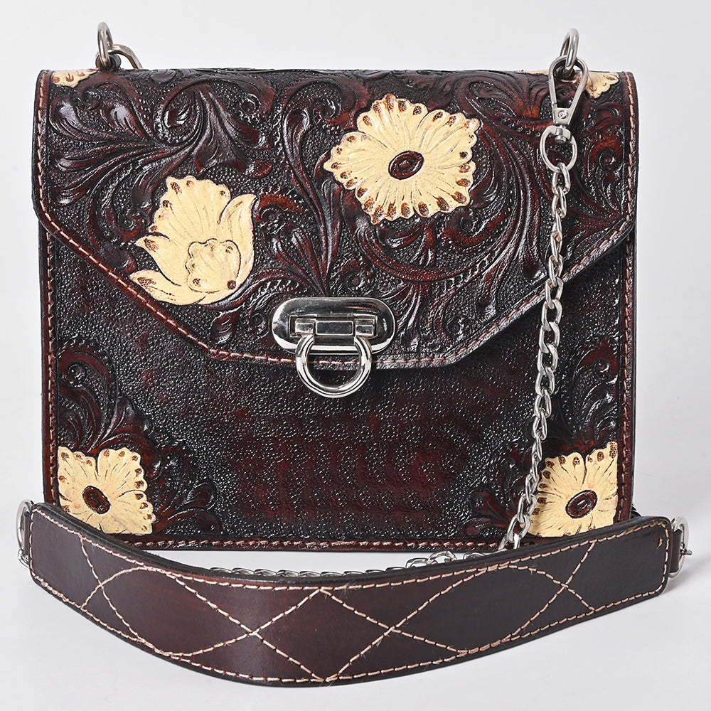 ADBGA679 Hand-Tooled Leather Messenger Bag with Floral Design & Chain Strap