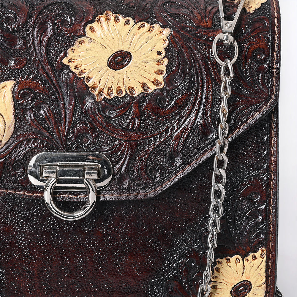 ADBGA679 Hand-Tooled Leather Messenger Bag with Floral Design & Chain Strap