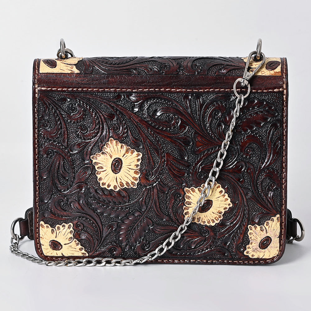 ADBGA679 Hand-Tooled Leather Messenger Bag with Floral Design & Chain Strap