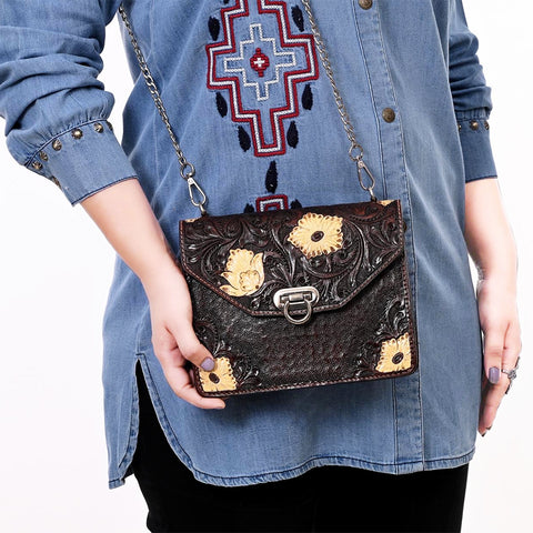 American Darling Hand Tooled Floral Carved Genuine Leather Messenger Bag