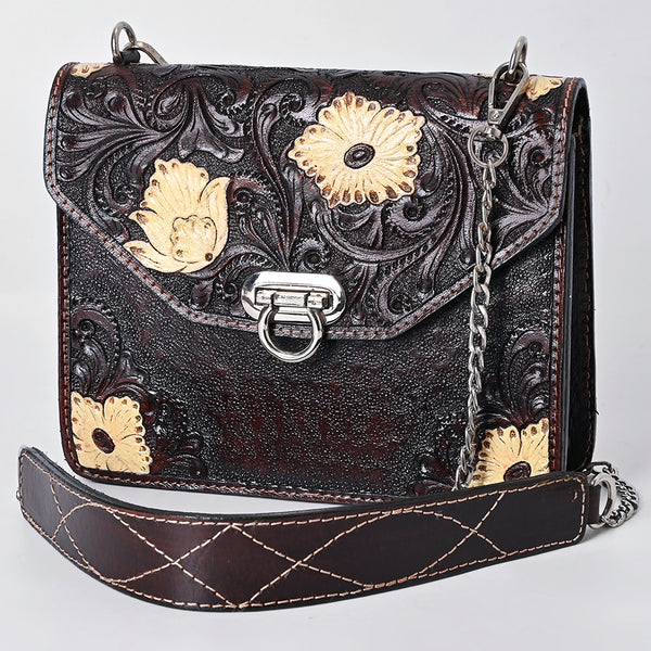 ADBGA679 Hand-Tooled Leather Messenger Bag with Floral Design & Chain Strap