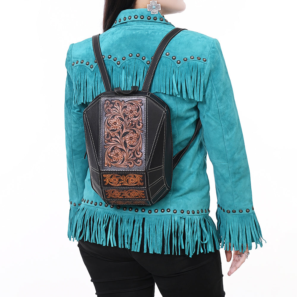 ADBGA680 Hand-Tooled Black Leather Western Backpack with Floral Carving