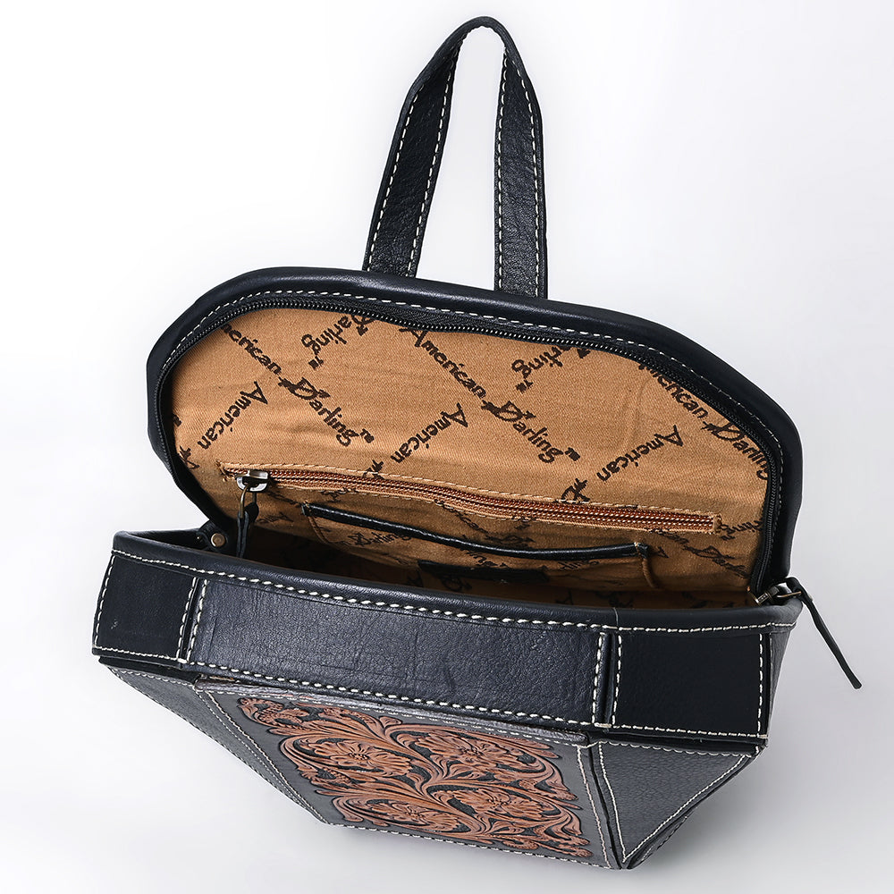 ADBGA680 Hand-Tooled Black Leather Western Backpack with Floral Carving
