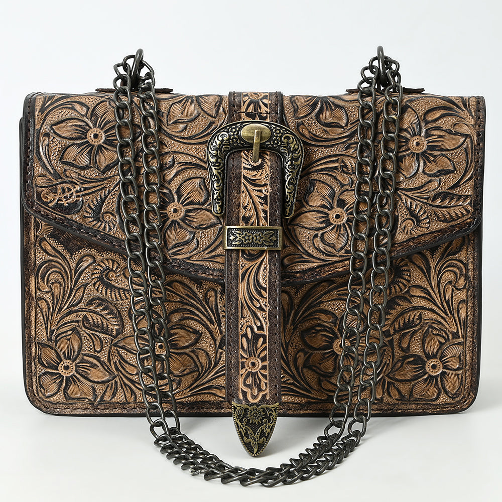 ADBG1535 Western Hand-Tooled Leather Crossbody Bag with Buckle Strap & Chain - Floral Tooled Design
