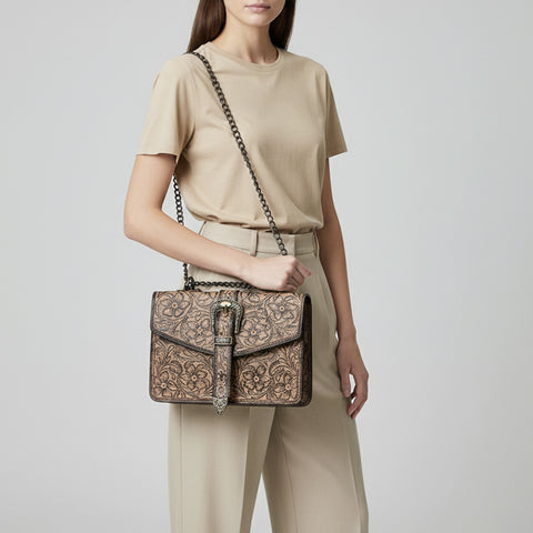 American Darling Western Leather Small Crossbody Bag with Hand-Tooled Floral Design & Chain Strap