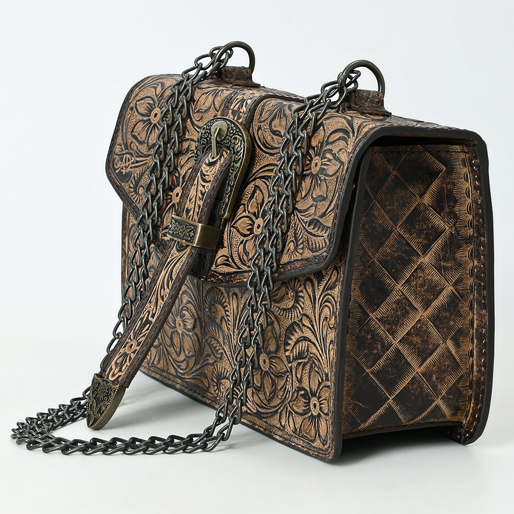 ADBG1535 Western Hand-Tooled Leather Crossbody Bag with Buckle Strap & Chain - Floral Tooled Design