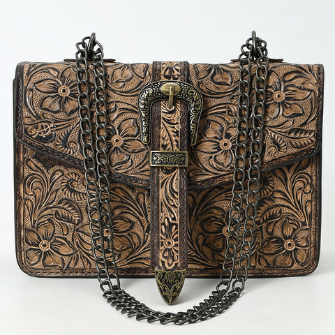 American Darling Western Leather Small Crossbody Bag with Hand-Tooled Floral Design & Chain Strap