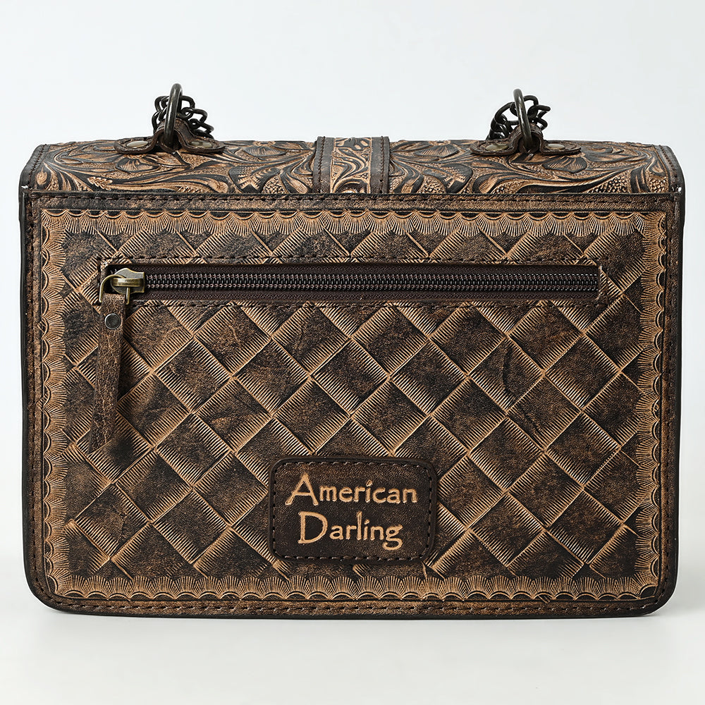 ADBG1535 Western Hand-Tooled Leather Crossbody Bag with Buckle Strap & Chain - Floral Tooled Design