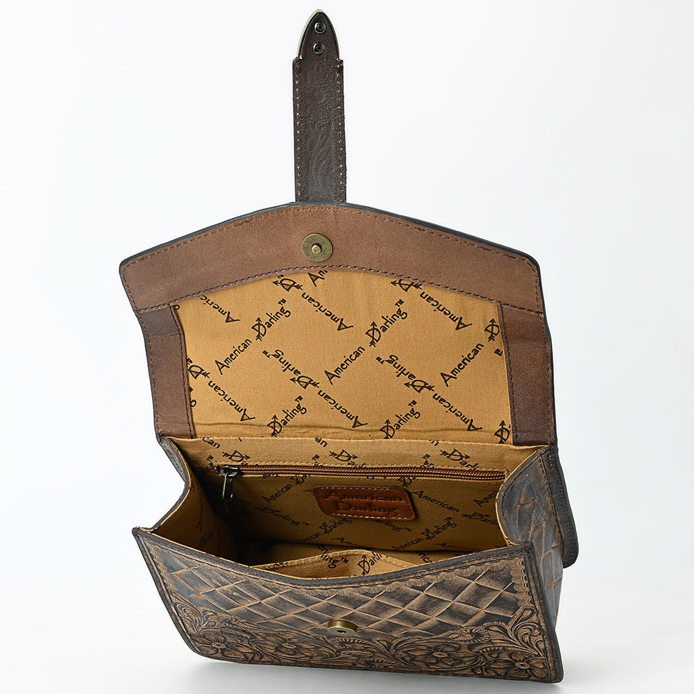 ADBG1535 Western Hand-Tooled Leather Crossbody Bag with Buckle Strap & Chain - Floral Tooled Design