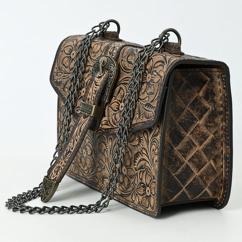 American Darling Western Leather Small Crossbody Bag with Hand-Tooled Floral Design & Chain Strap