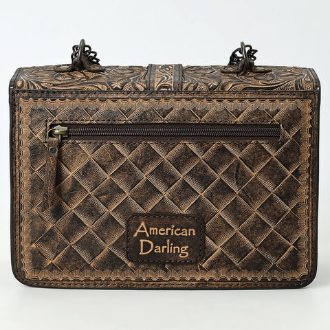 American Darling Western Leather Small Crossbody Bag with Hand-Tooled Floral Design & Chain Strap