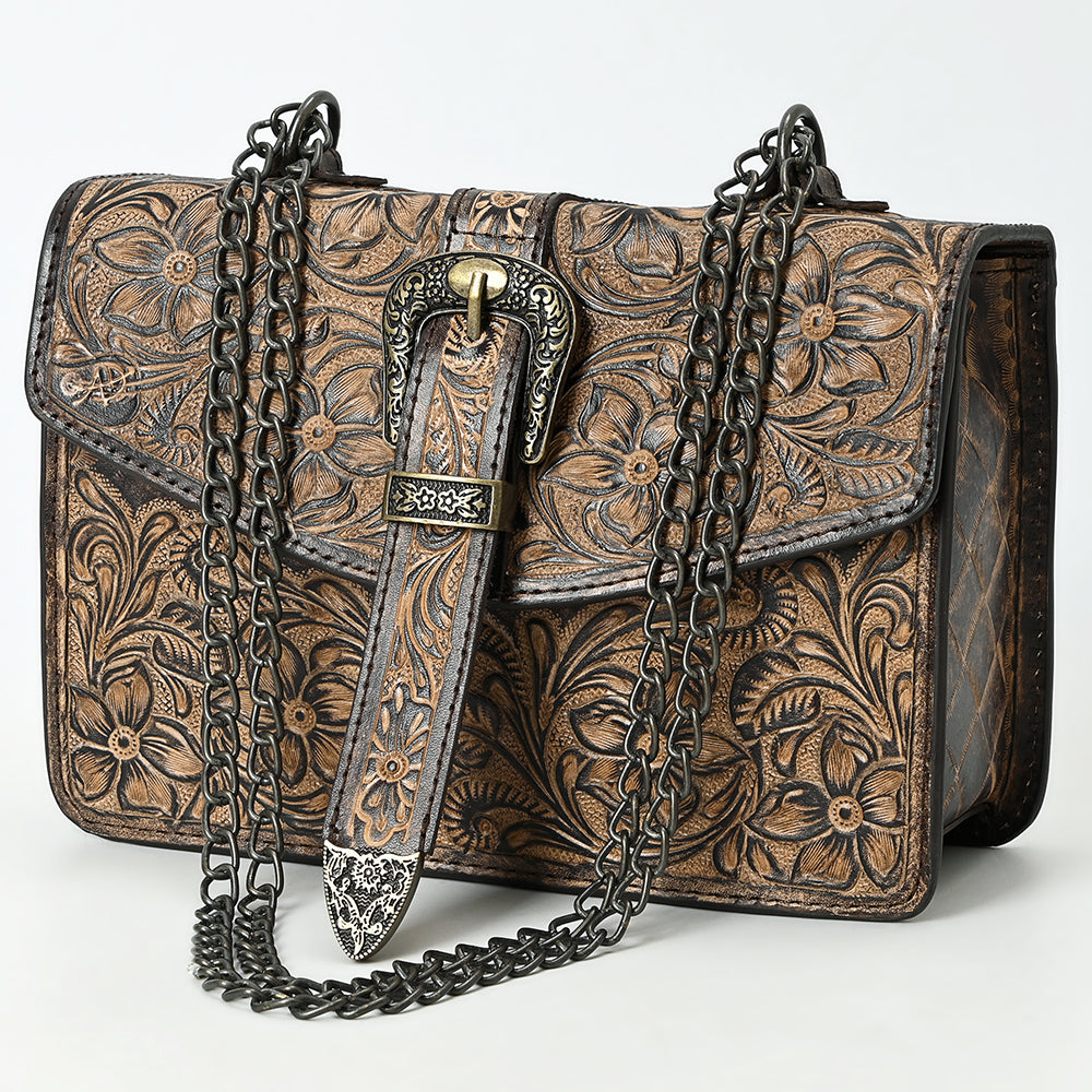 ADBG1535 Western Hand-Tooled Leather Crossbody Bag with Buckle Strap & Chain - Floral Tooled Design