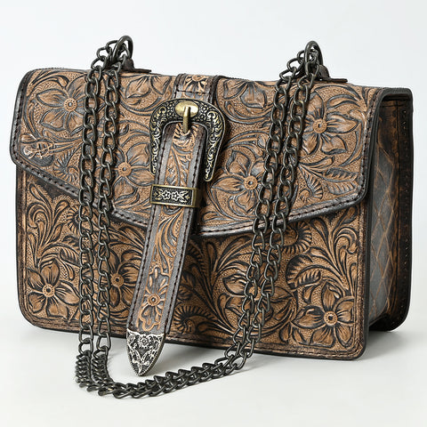 American Darling Western Leather Small Crossbody Bag with Hand-Tooled Floral Design & Chain Strap