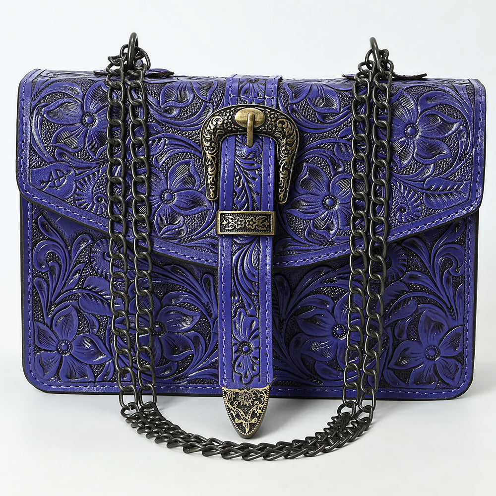 ADBG1535 Western Hand-Tooled Leather Crossbody Bag with Buckle Strap & Chain - Floral Tooled Design