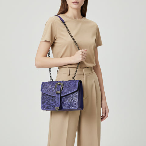 American Darling Western Leather Small Crossbody Bag with Hand-Tooled Floral Design & Chain Strap