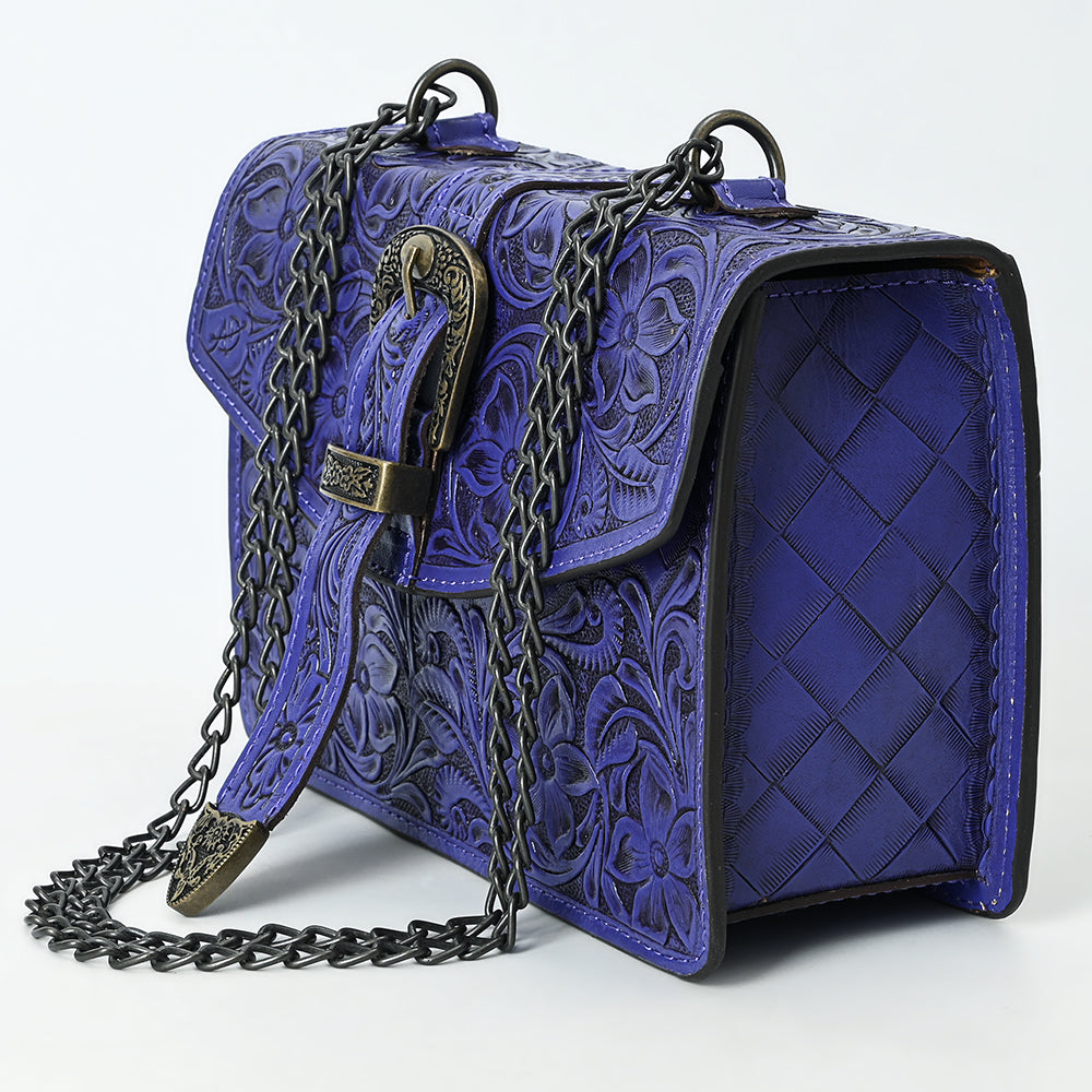 ADBG1535 Western Hand-Tooled Leather Crossbody Bag with Buckle Strap & Chain - Floral Tooled Design