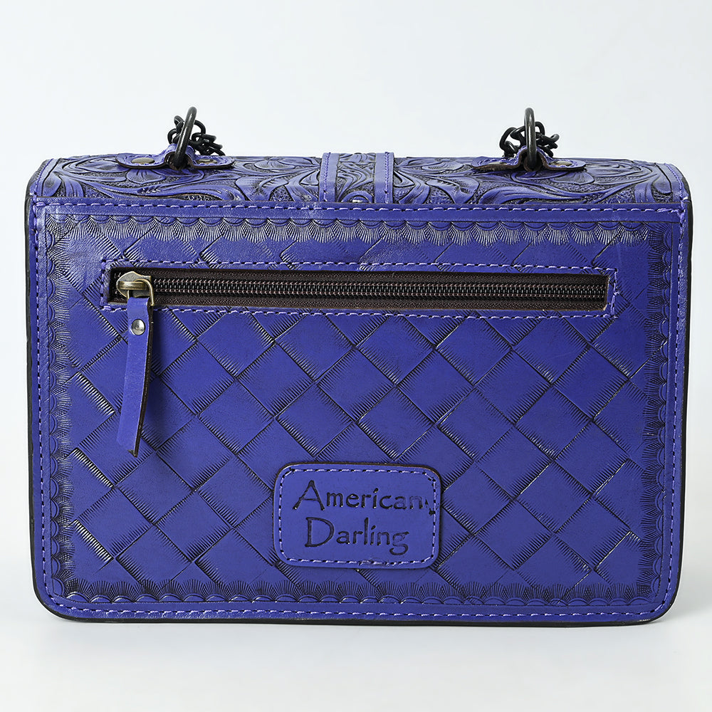 ADBG1535 Western Hand-Tooled Leather Crossbody Bag with Buckle Strap & Chain - Floral Tooled Design