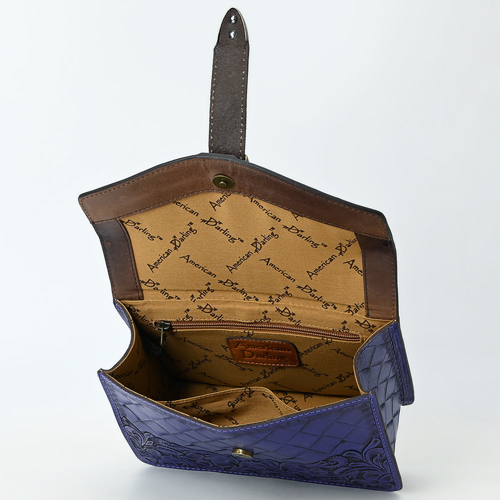 ADBG1535 Western Hand-Tooled Leather Crossbody Bag with Buckle Strap & Chain - Floral Tooled Design