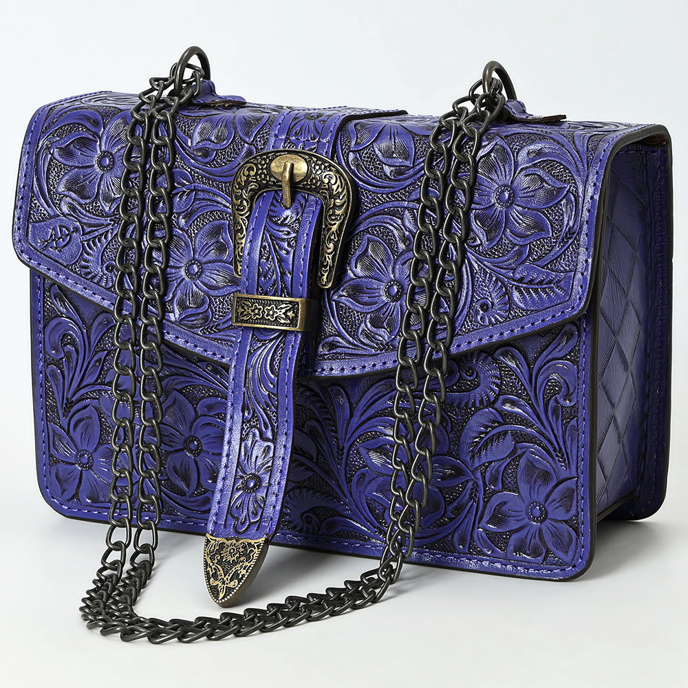 ADBG1535 Western Hand-Tooled Leather Crossbody Bag with Buckle Strap & Chain - Floral Tooled Design