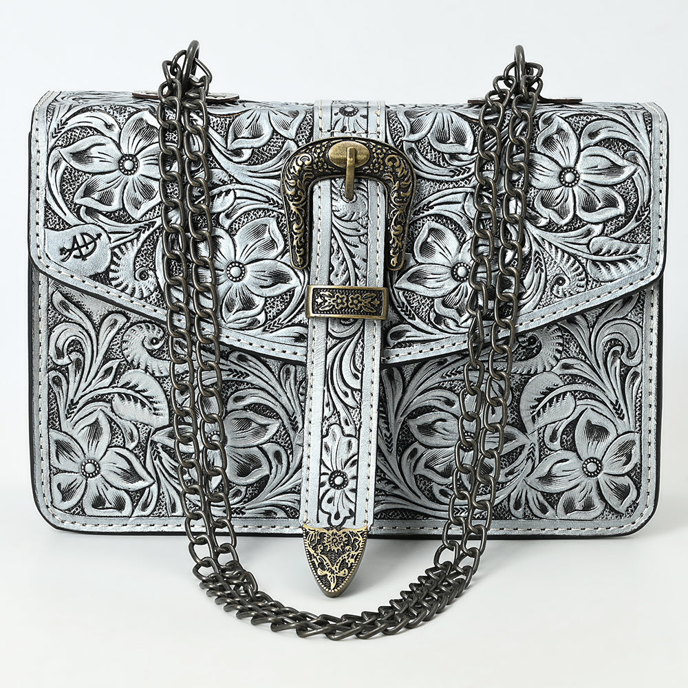 ADBG1535 Western Hand-Tooled Leather Crossbody Bag with Buckle Strap & Chain - Floral Tooled Design