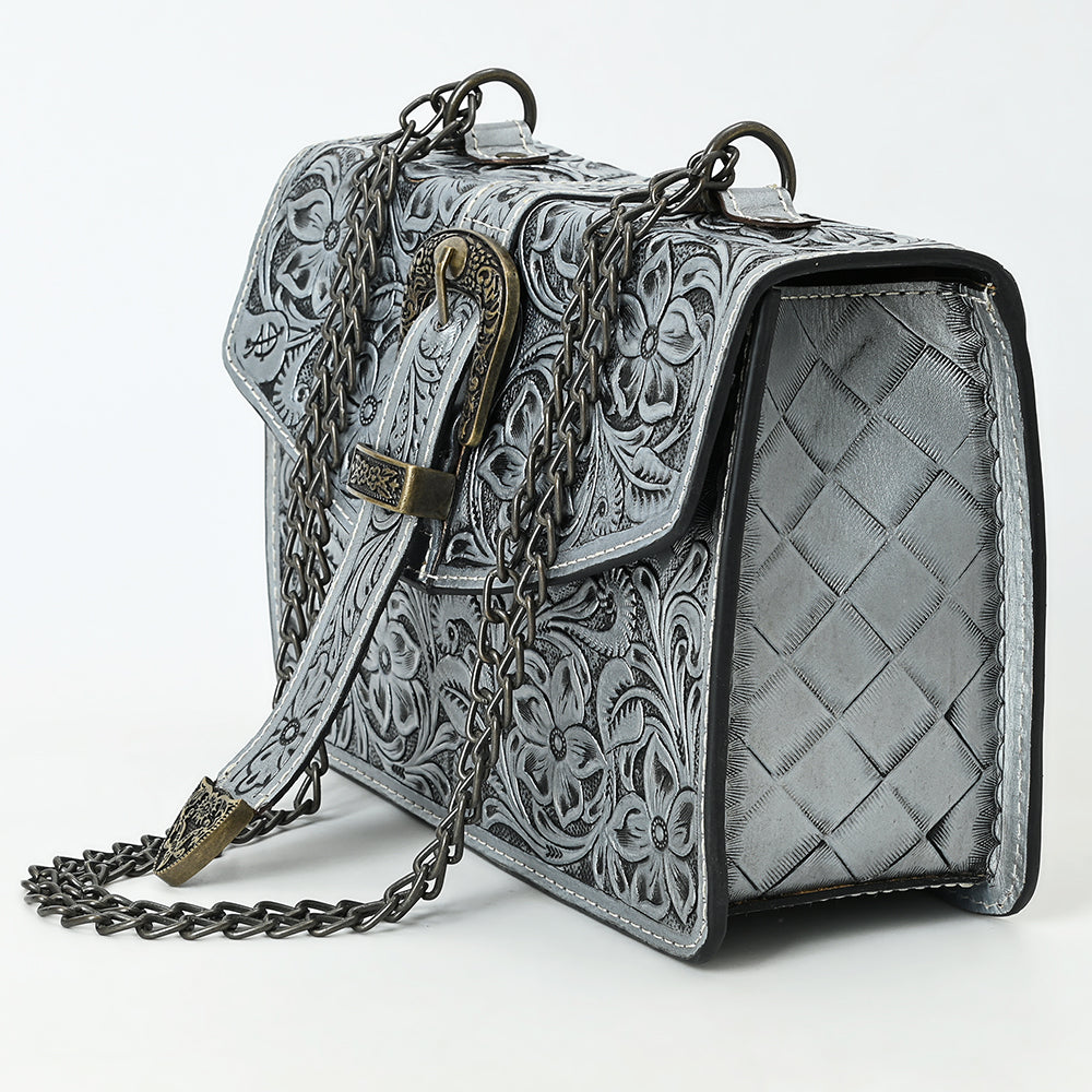 ADBG1535 Western Hand-Tooled Leather Crossbody Bag with Buckle Strap & Chain - Floral Tooled Design