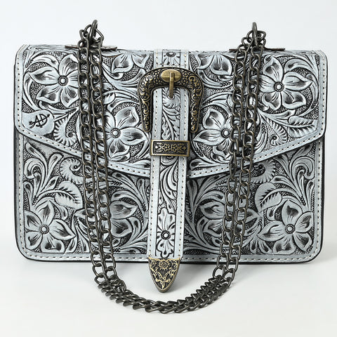 American Darling Western Leather Small Crossbody Bag with Hand-Tooled Floral Design & Chain Strap