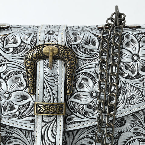 American Darling Western Leather Small Crossbody Bag with Hand-Tooled Floral Design & Chain Strap
