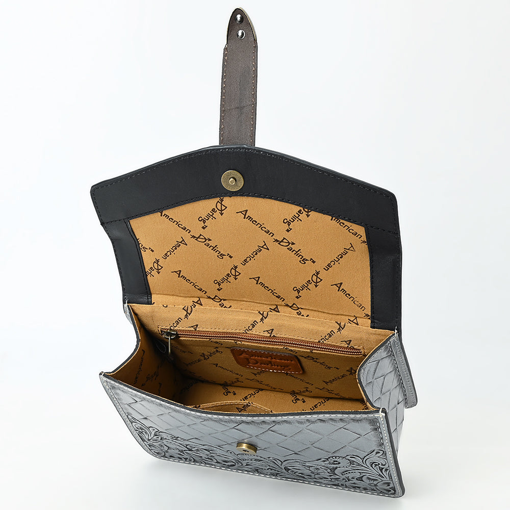 ADBG1535 Western Hand-Tooled Leather Crossbody Bag with Buckle Strap & Chain - Floral Tooled Design