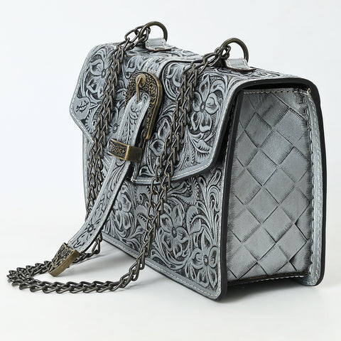 American Darling Western Leather Small Crossbody Bag with Hand-Tooled Floral Design & Chain Strap