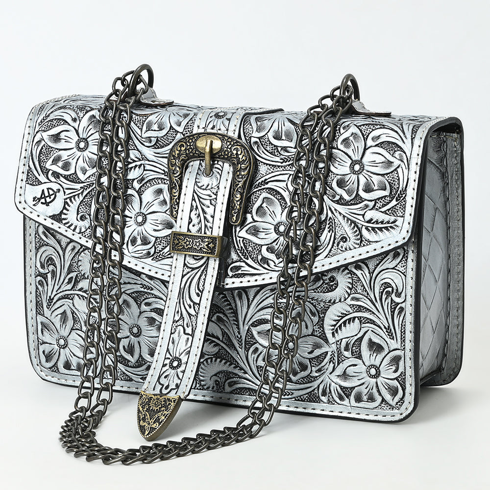 ADBG1535 Western Hand-Tooled Leather Crossbody Bag with Buckle Strap & Chain - Floral Tooled Design