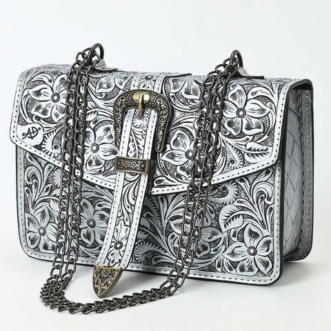 American Darling Western Leather Small Crossbody Bag with Hand-Tooled Floral Design & Chain Strap