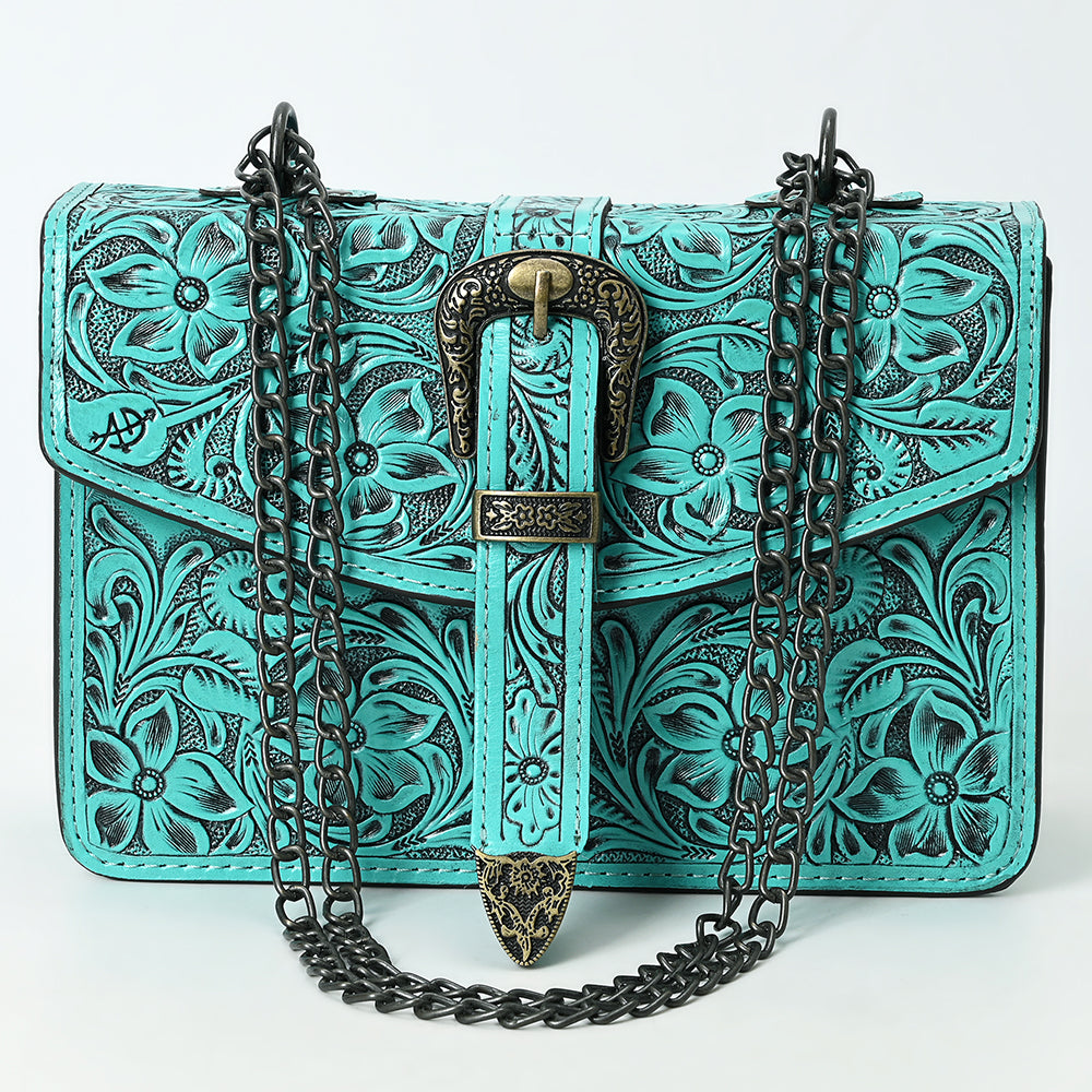 ADBG1535 Western Hand-Tooled Leather Crossbody Bag with Buckle Strap & Chain - Floral Tooled Design