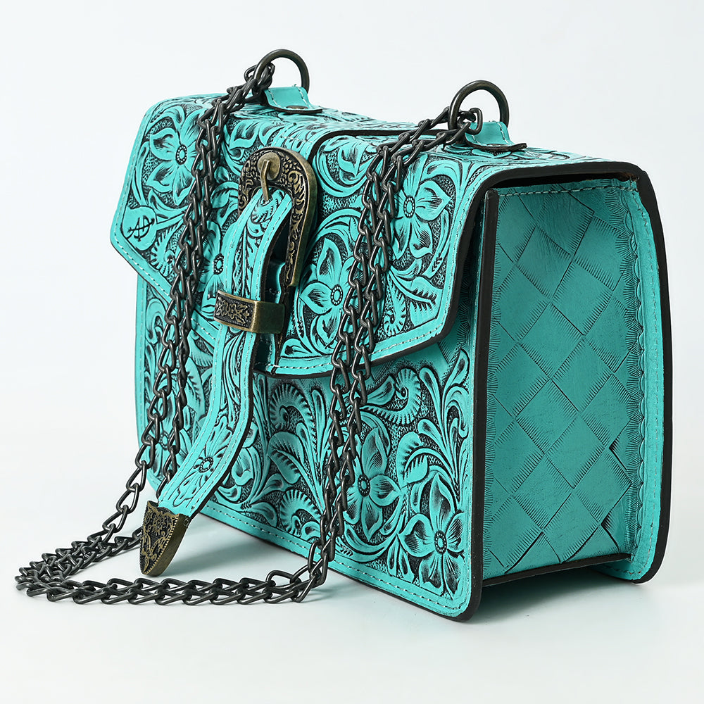 ADBG1535 Western Hand-Tooled Leather Crossbody Bag with Buckle Strap & Chain - Floral Tooled Design