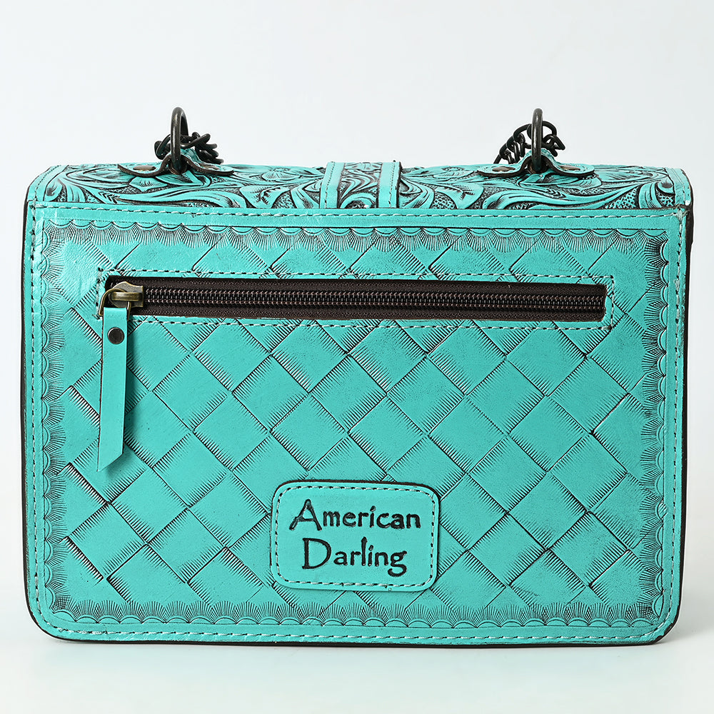 ADBG1535 Western Hand-Tooled Leather Crossbody Bag with Buckle Strap & Chain - Floral Tooled Design