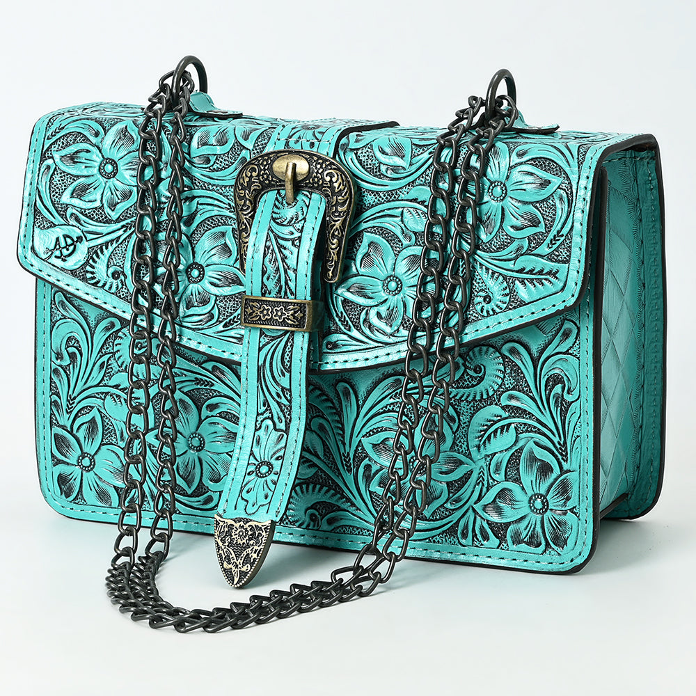 ADBG1535 Western Hand-Tooled Leather Crossbody Bag with Buckle Strap & Chain - Floral Tooled Design