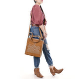 ADBG1590 Suede Western Tote Bag - White Embroidered Whipstitch Purse with Crossbody Strap