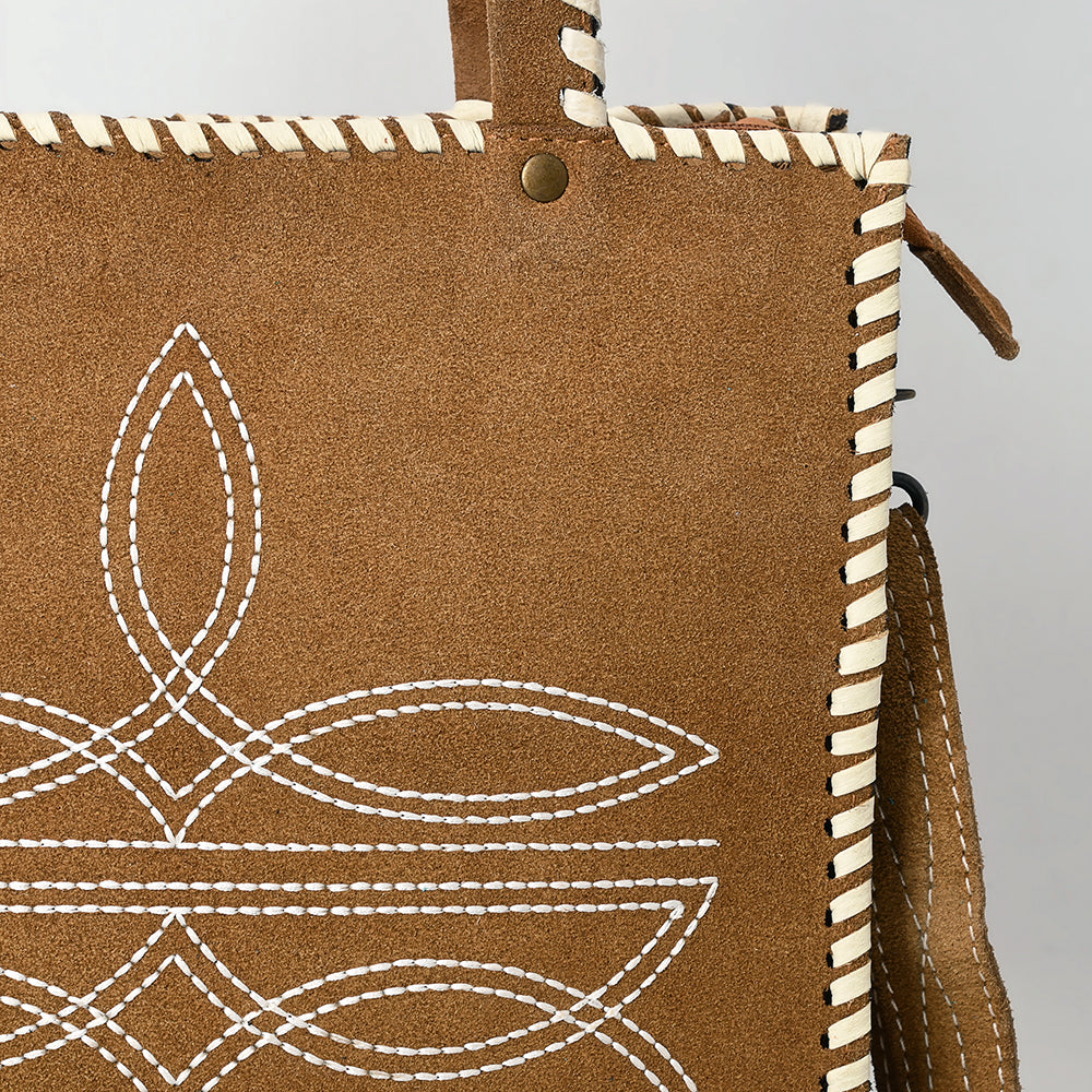ADBG1590 Genuine suede Western Tote Bag - White Embroidered Whipstitch Purse with Crossbody Strap