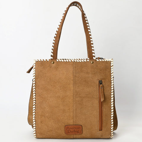 American Darling Western Genuine Suede Leather Tote Bag with Boot-Stitched Detailing