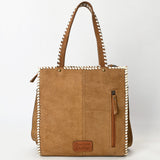 ADBG1590 Suede Western Tote Bag - White Embroidered Whipstitch Purse with Crossbody Strap