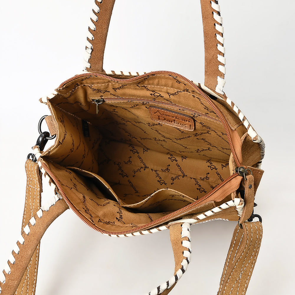 ADBG1590 Genuine suede Western Tote Bag - White Embroidered Whipstitch Purse with Crossbody Strap