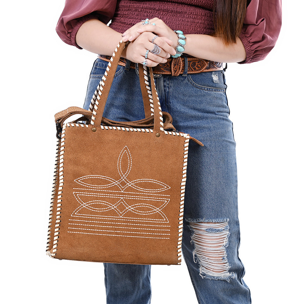 ADBG1590 Genuine suede Western Tote Bag - White Embroidered Whipstitch Purse with Crossbody Strap