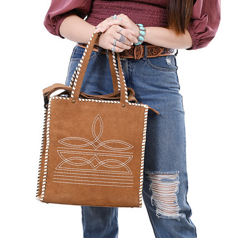 American Darling Western Genuine Suede Leather Tote Bag with Boot-Stitched Detailing