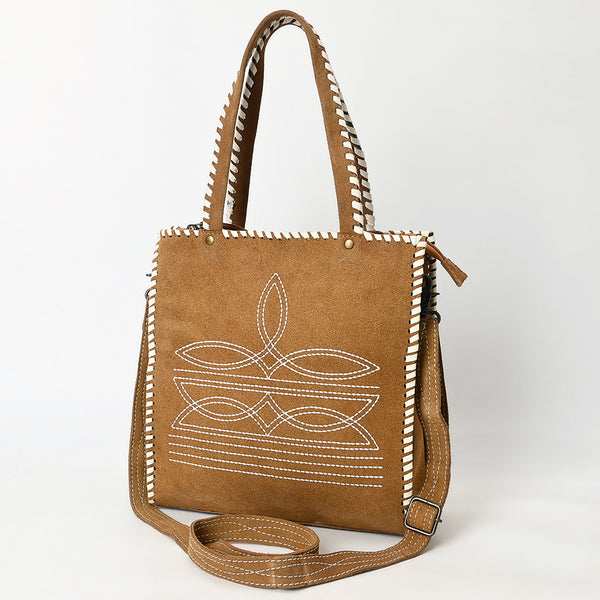 ADBG1590 Suede Western Tote Bag - White Embroidered Whipstitch Purse with Crossbody Strap