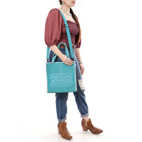American Darling Western Genuine Suede Leather Tote Bag with Boot-Stitched Detailing