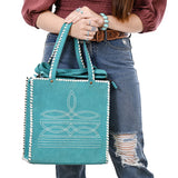 ADBG1590 Suede Western Tote Bag - White Embroidered Whipstitch Purse with Crossbody Strap