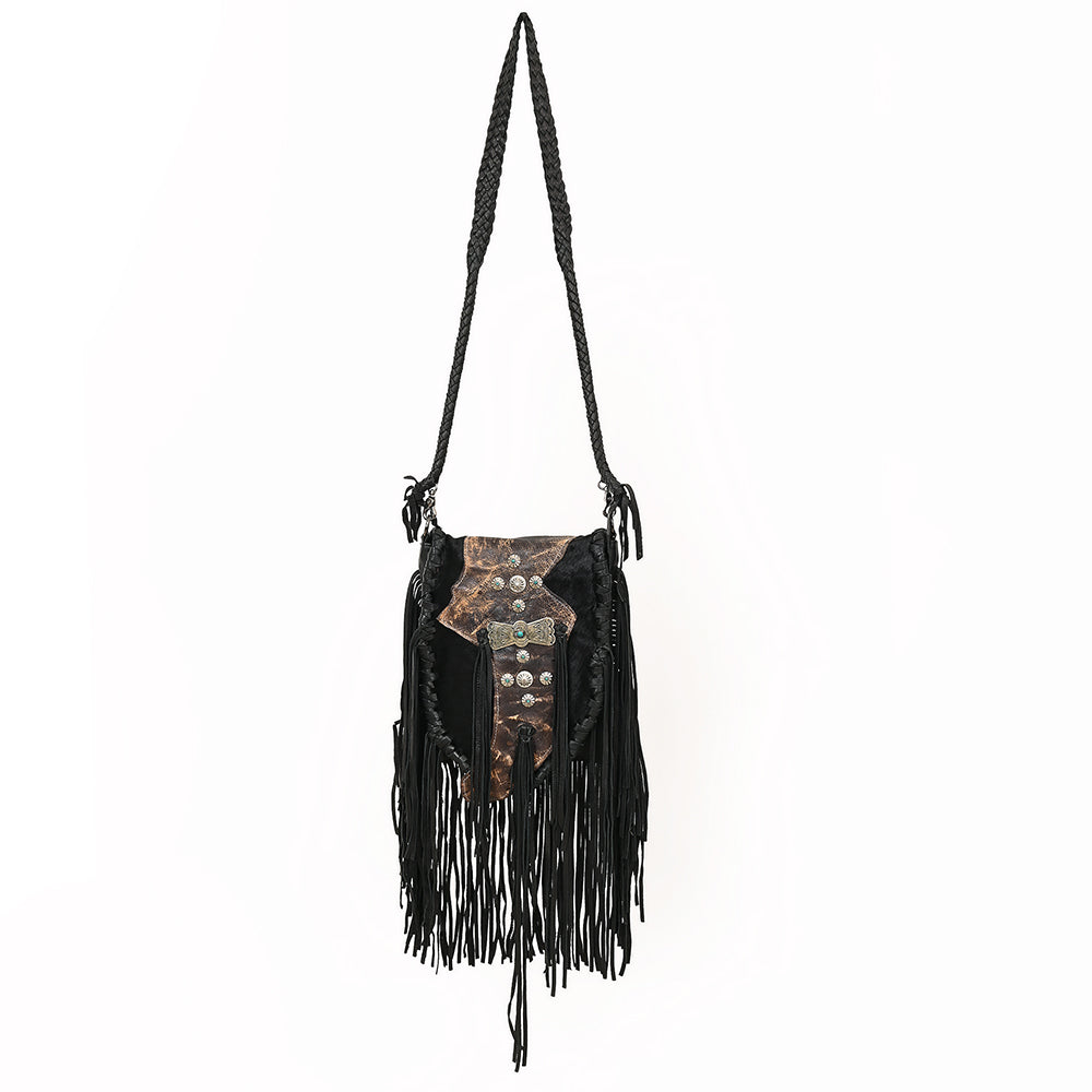 ADBGM549 Black Leather Fringe Crossbody Bag - Western Braided Purse with Conchos & Distressed Flap