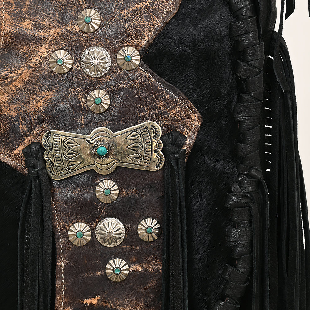 ADBGM549 Black Leather Fringe Crossbody Bag - Western Braided Purse with Conchos & Distressed Flap