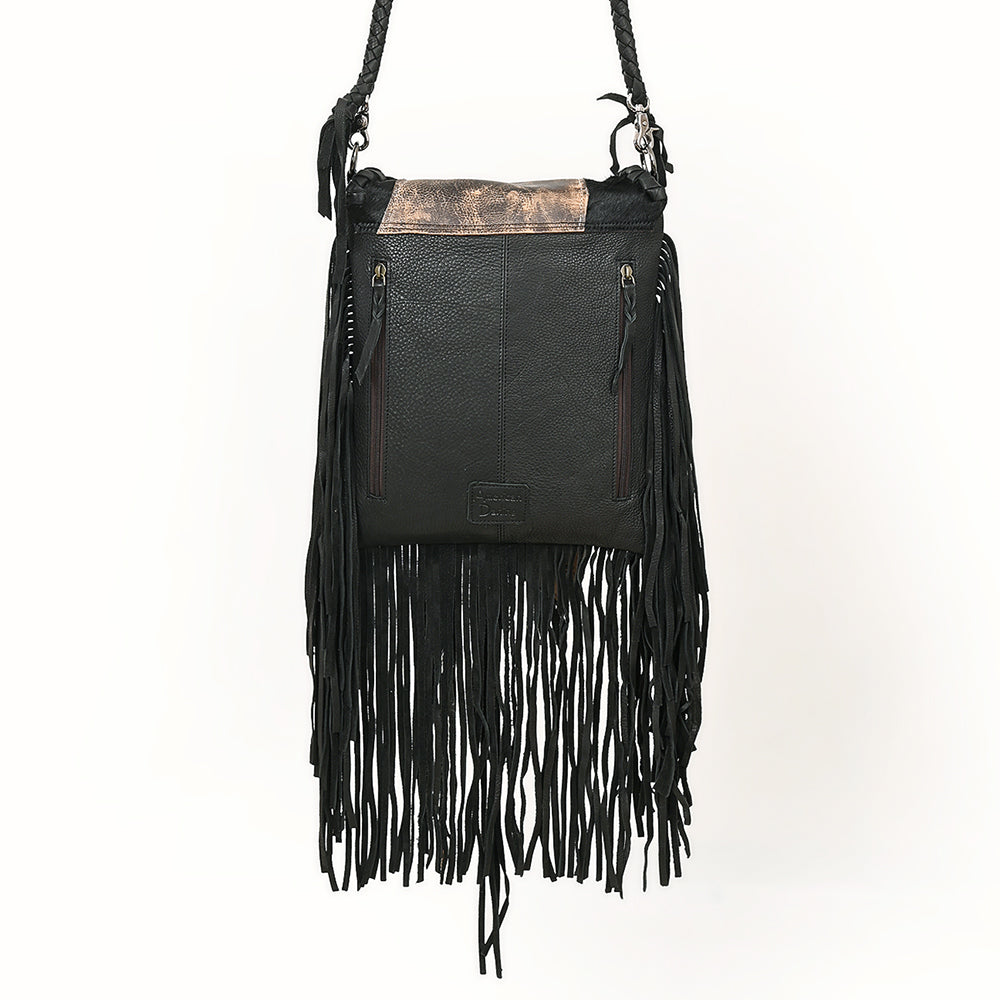 ADBGM549 Black Leather Fringe Crossbody Bag - Western Braided Purse with Conchos & Distressed Flap