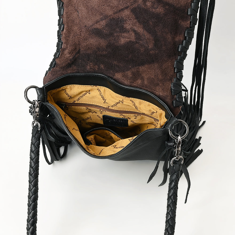 ADBGM549 Black Leather Fringe Crossbody Bag - Western Braided Purse with Conchos & Distressed Flap
